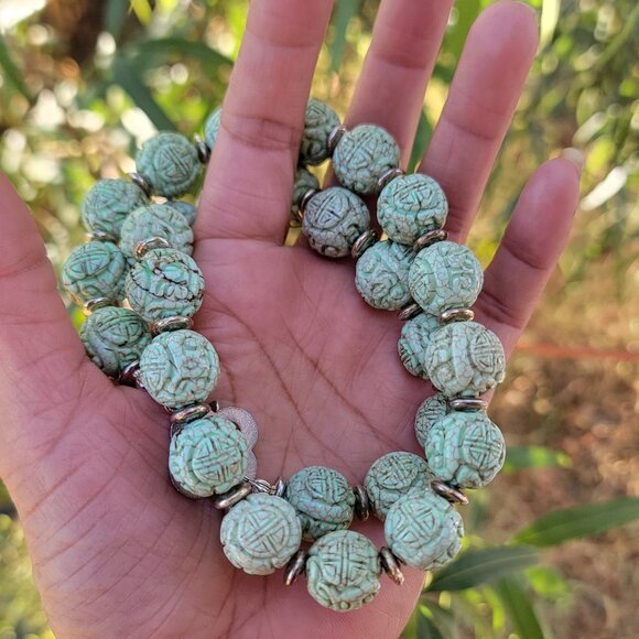 Absolutely stunning RARE Chinese natural green turquoise carved shou beads sterl - Picture 7 of 16